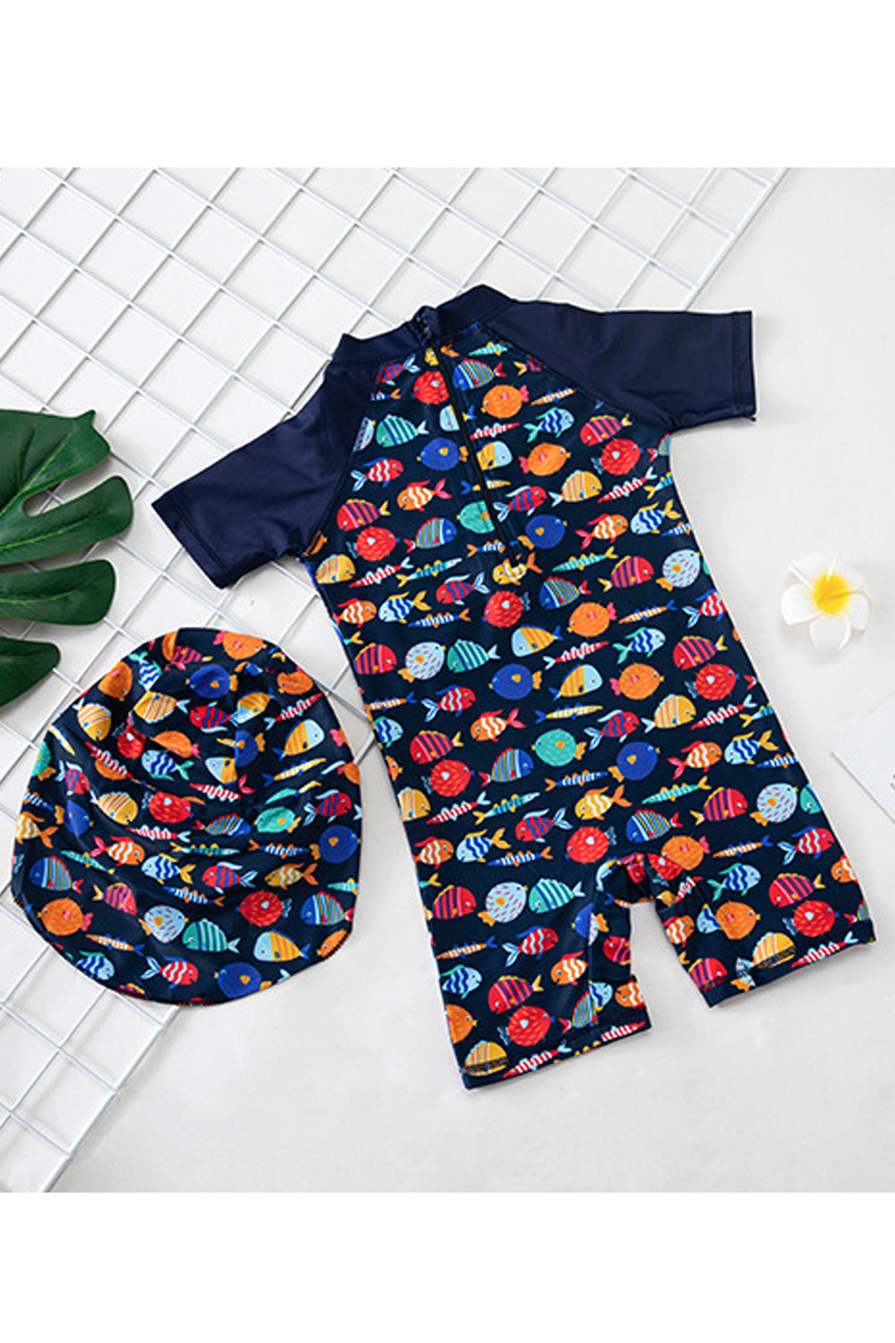Baby Boys Short Sleeve Fish Printed Beautiful One Piece Elegant Swimwear