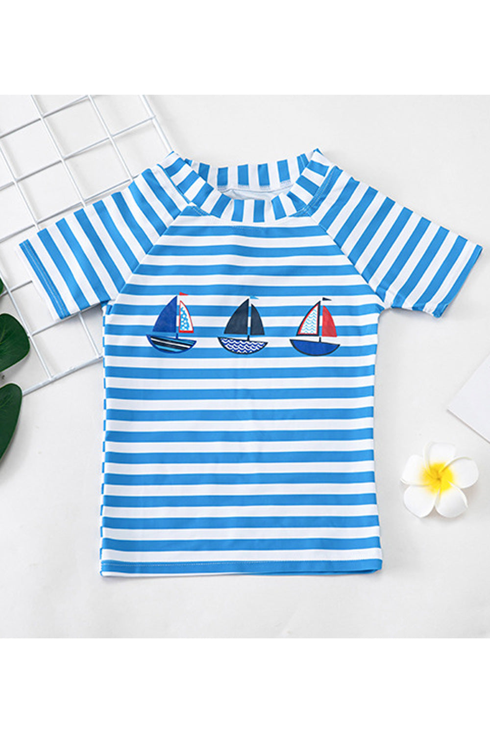 Baby Boys Elegant Striped Pattern Two Piece Short Sleeve Summer Swimwear