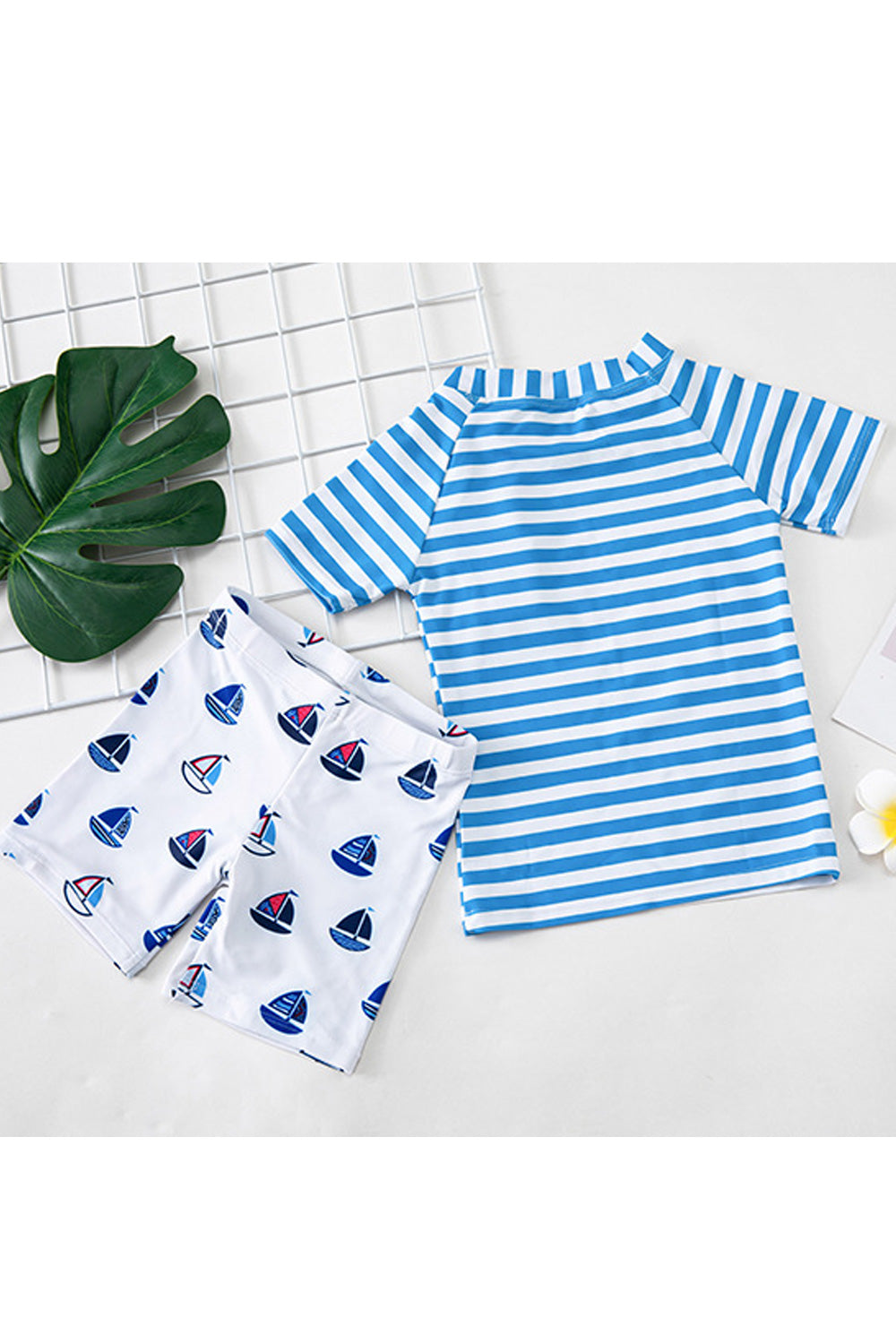 Baby Boys Elegant Striped Pattern Two Piece Short Sleeve Summer Swimwear