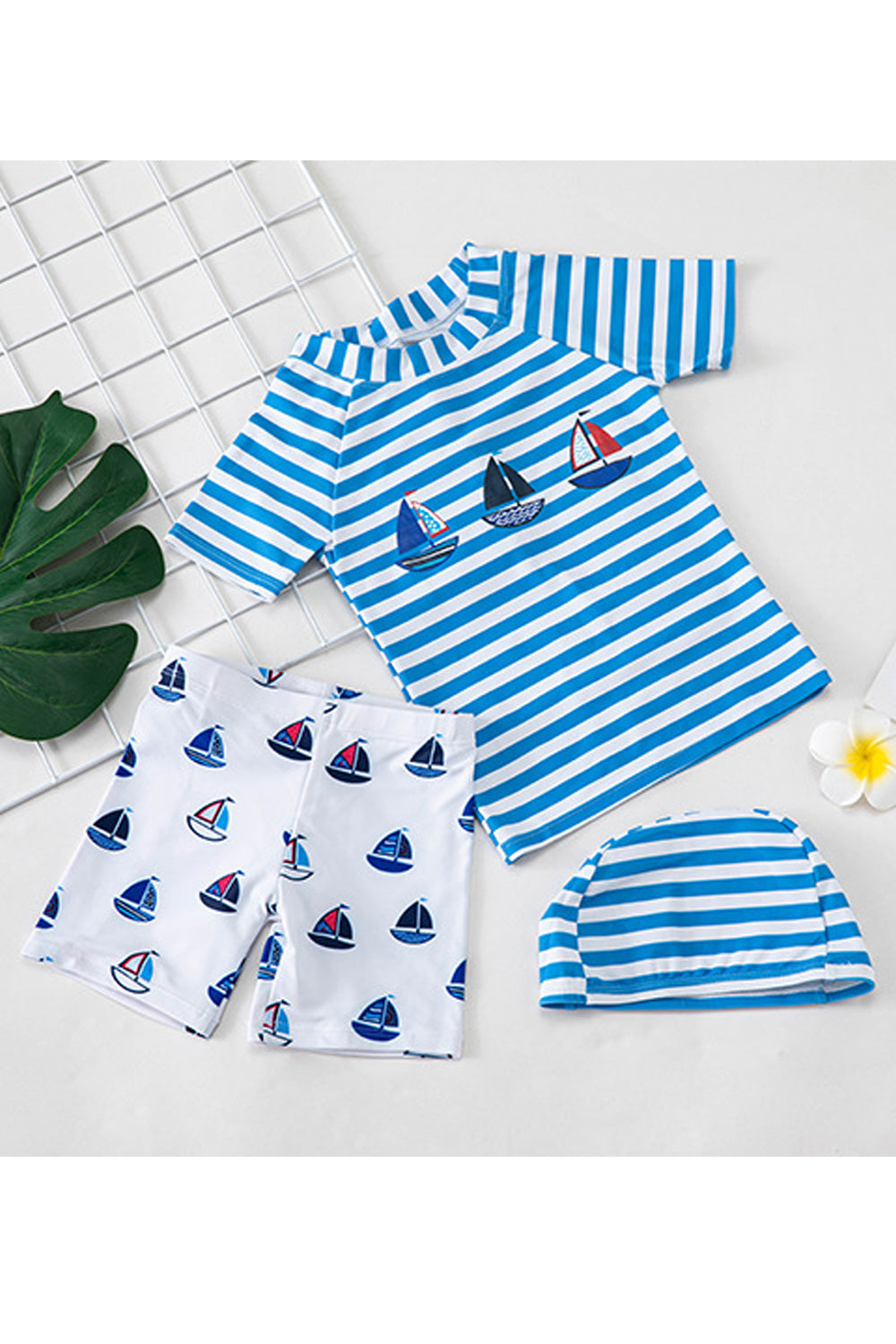 Baby Boys Elegant Striped Pattern Two Piece Short Sleeve Summer Swimwear