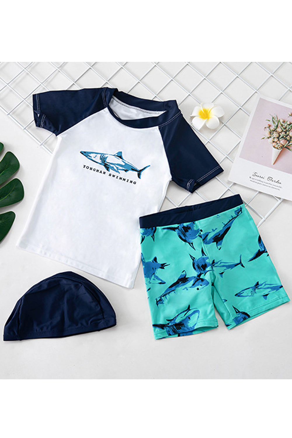 Baby Boys Elasticated Waist Two Piece Short Sleeve Printed Pattern Swimwear