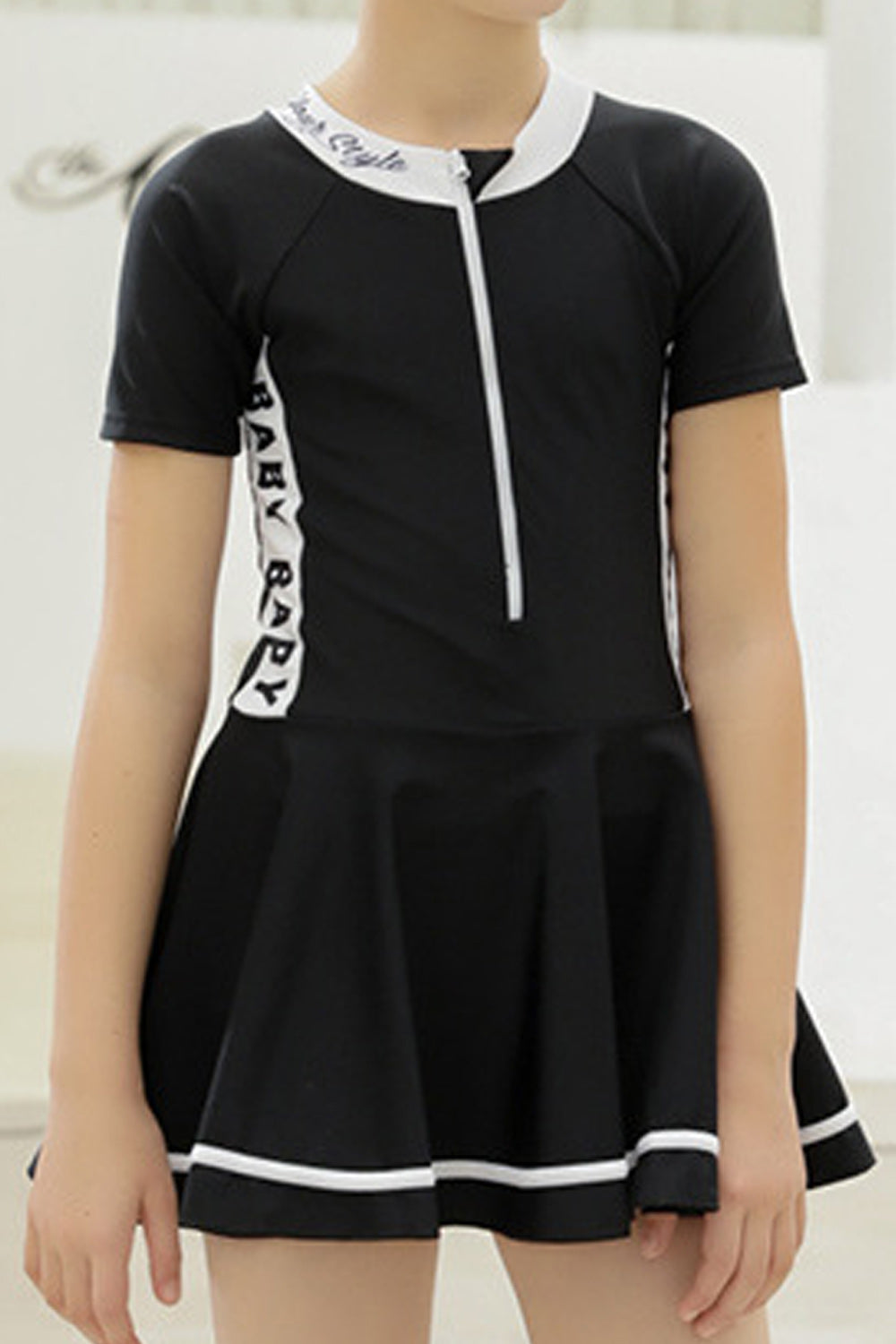 Kids Girls Style Short Sleeve Flared Skirt One Piece Bathing Swimwear