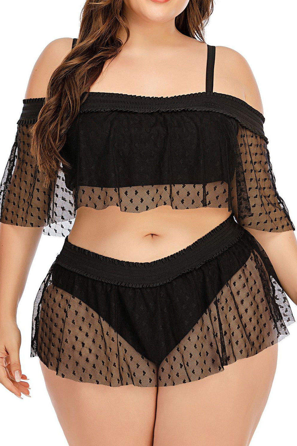 Women Two Piece Elastic Waist Solid Colored Strap Neck Swimwear
