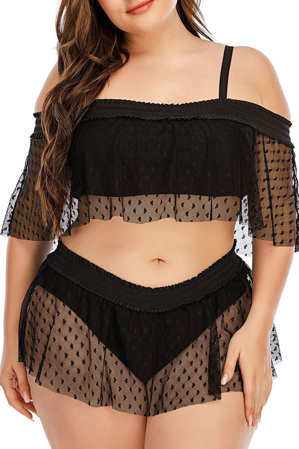 Women Two Piece Elastic Waist Solid Colored Strap Neck Swimwear
