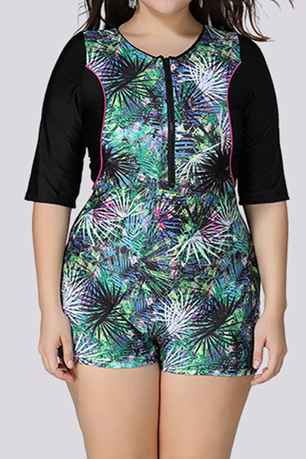 Women Sunscreen Half Sleeve Zipper Closure Printed Style One Piece Slim Swimwear