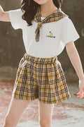 Kids Girls Plaid Pattern Short Sleeve Amazing Casual Outfit Set