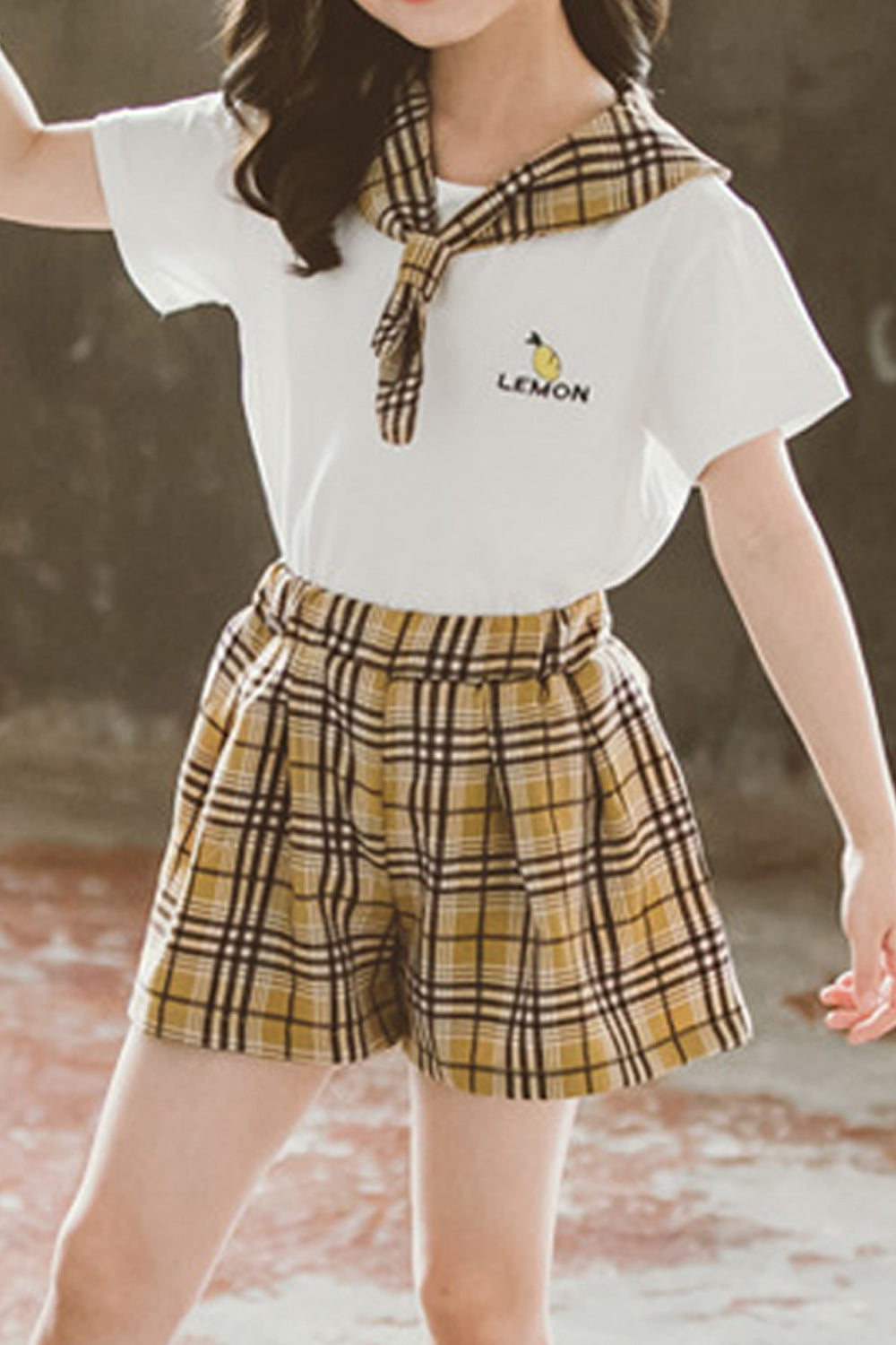 Kids Girls Plaid Pattern Short Sleeve Amazing Casual Outfit Set