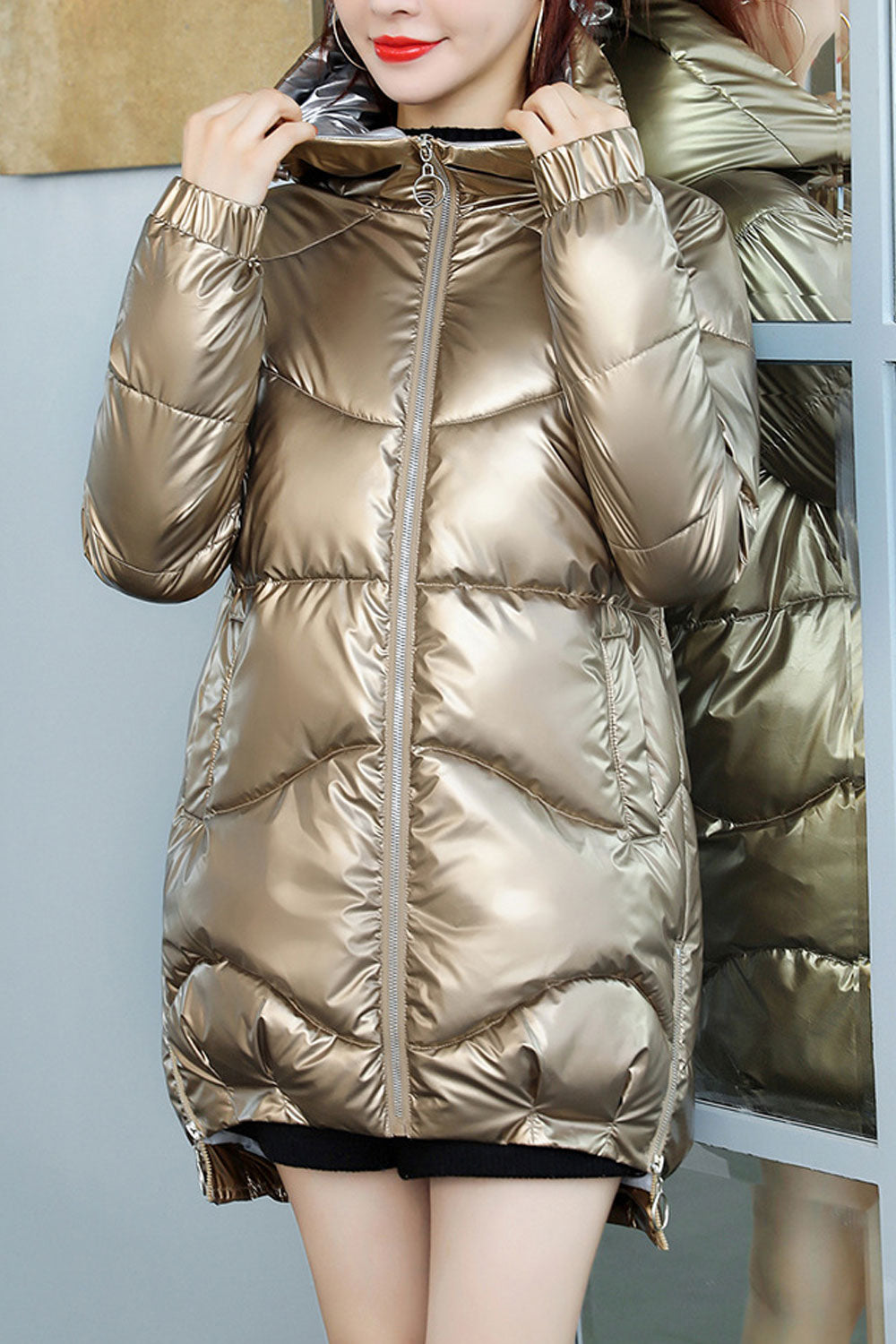 Women Shiny Solid Colored Hood Neck Cozy Mid Length Padded Jacket