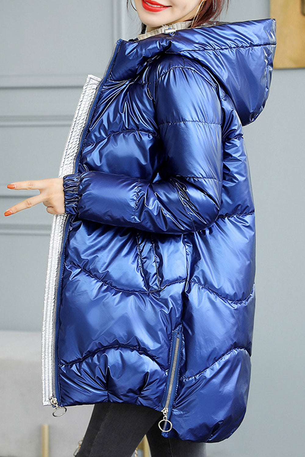 Women Shiny Solid Colored Hood Neck Cozy Mid Length Padded Jacket