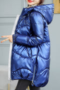 Women Shiny Solid Colored Hood Neck Cozy Mid Length Padded Jacket