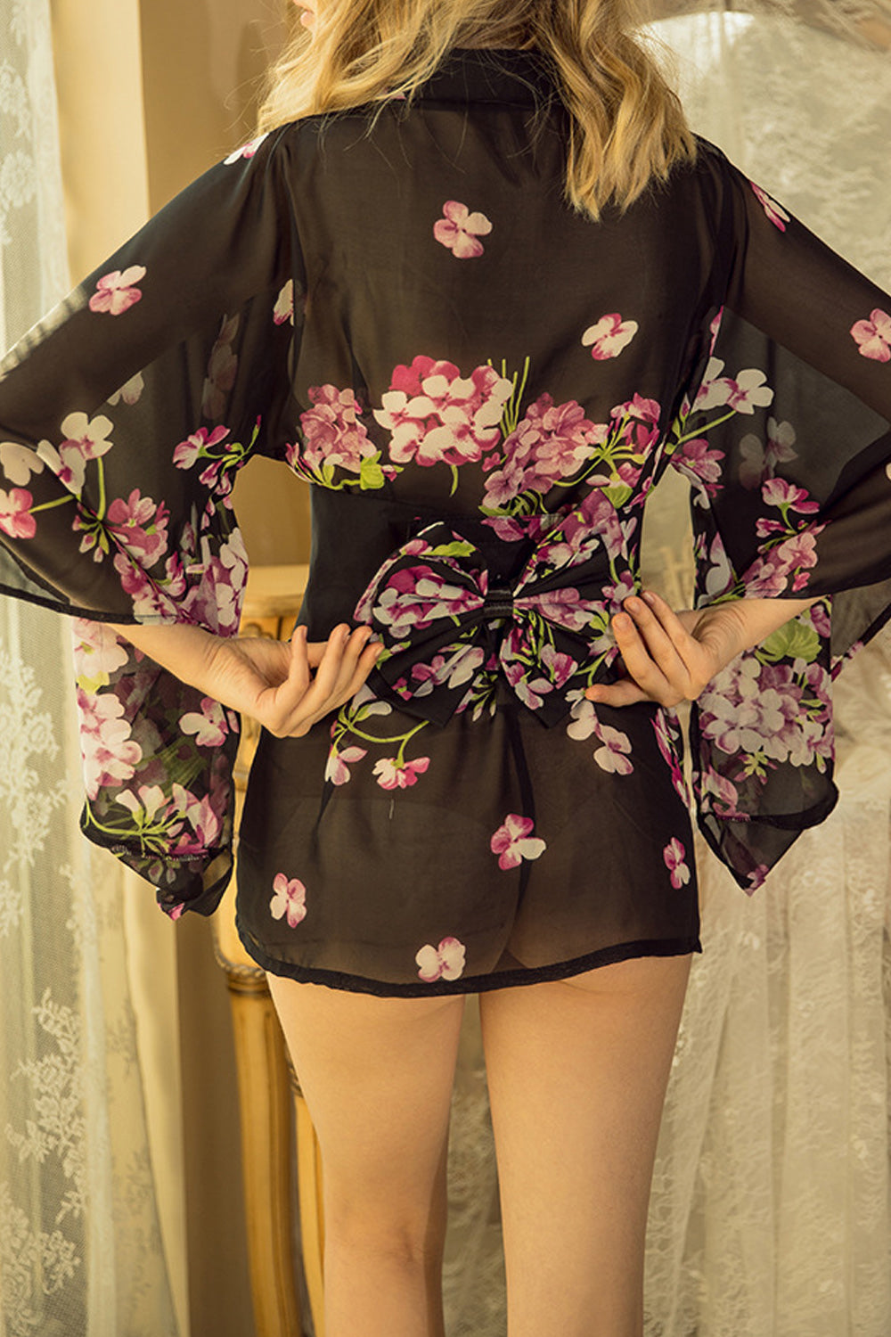 Women Floral Printed Bat Sleeve Semi Sheered Lingerie