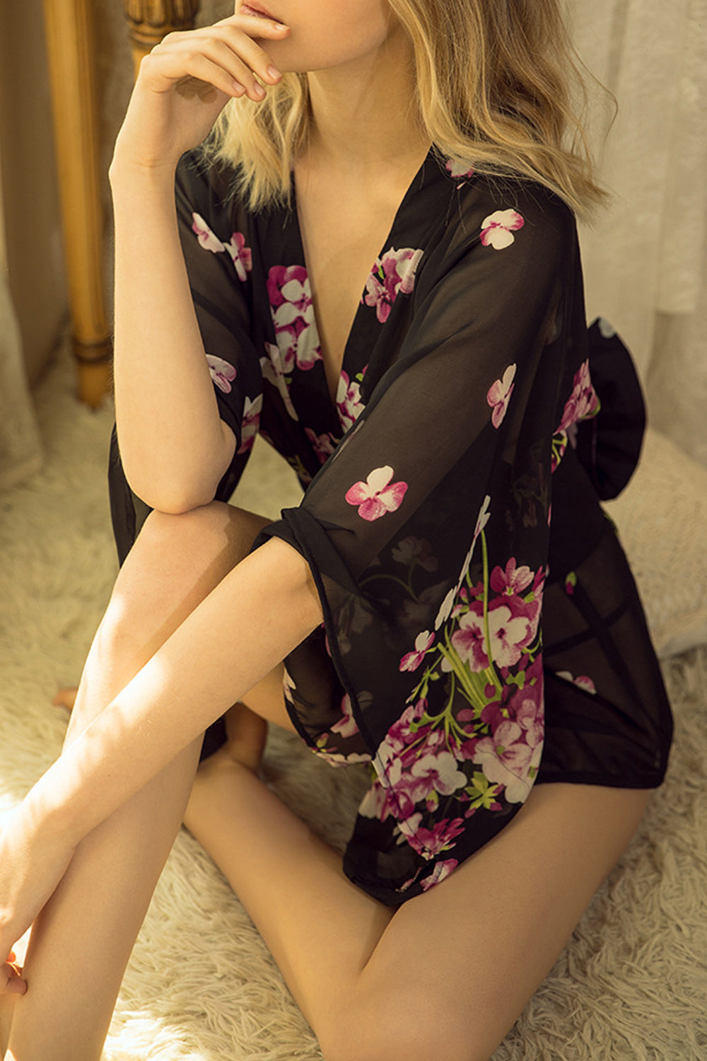 Women Floral Printed Bat Sleeve Semi Sheered Lingerie