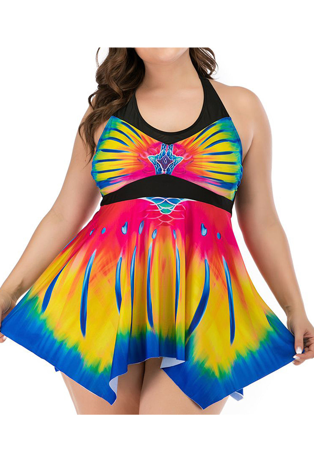 Women Round Neck Beautiful Printed Style Thin Skirt Style Two Piece Swimwear