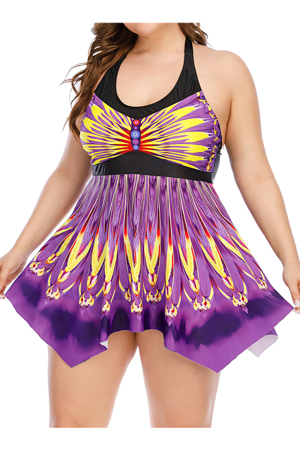 Women Round Neck Beautiful Printed Style Thin Skirt Style Two Piece Swimwear
