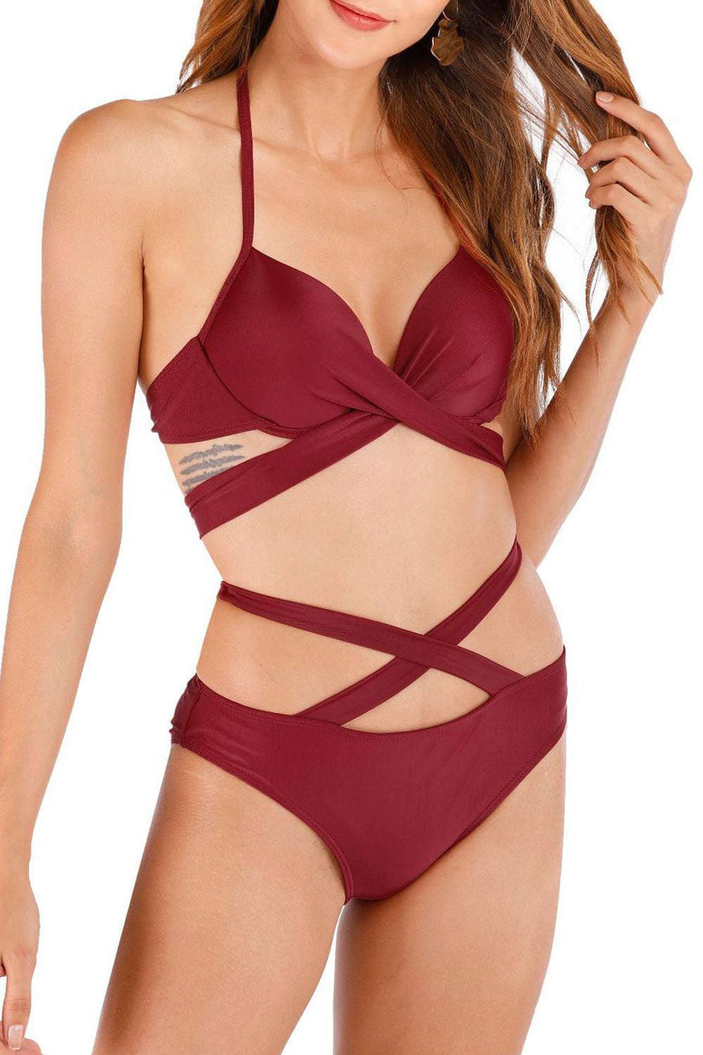 Women Solid Colored Strap Neck Easy Elegant Beach Summer ZBSWimwear