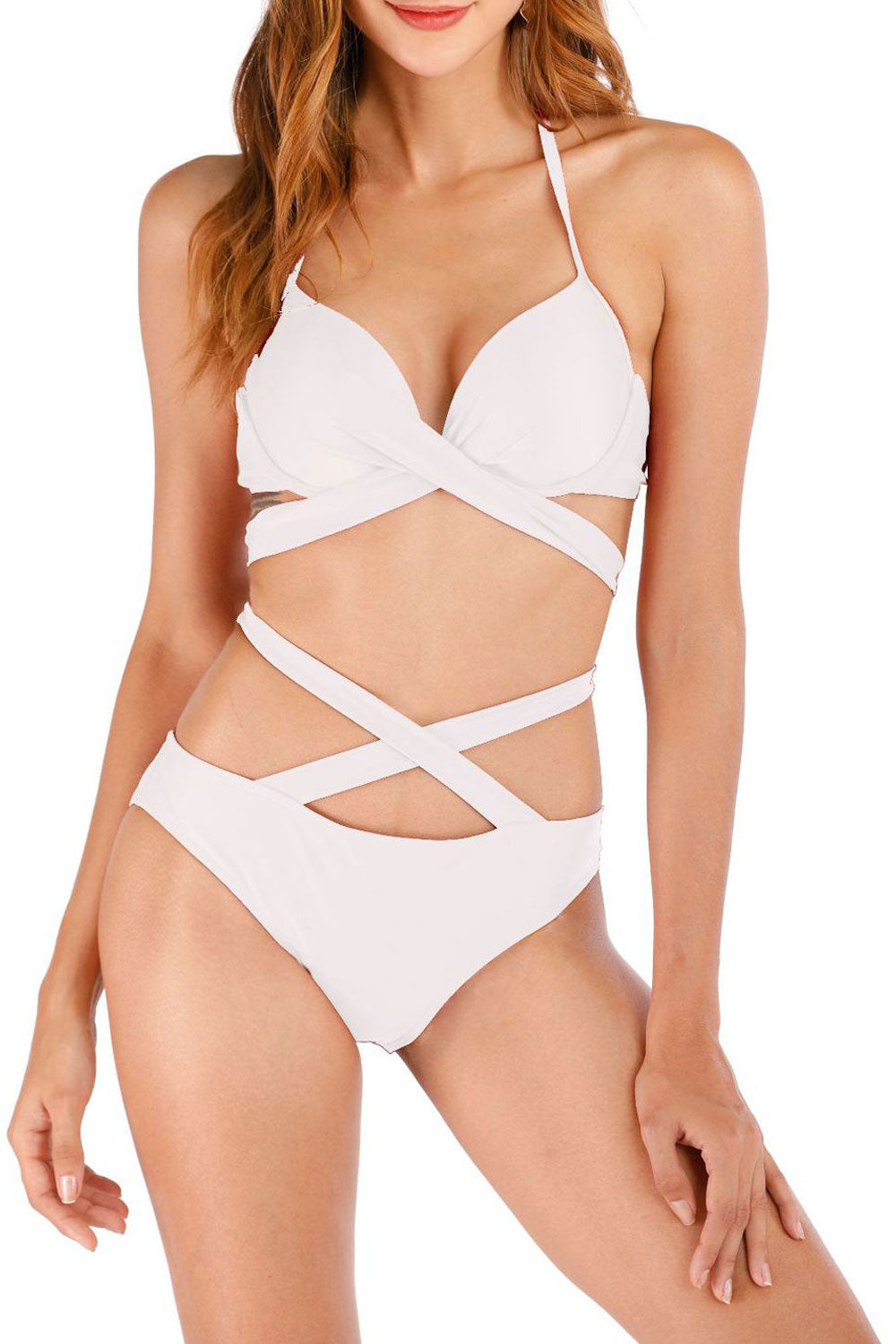 Women Solid Colored Strap Neck Easy Elegant Beach Summer ZBSWimwear