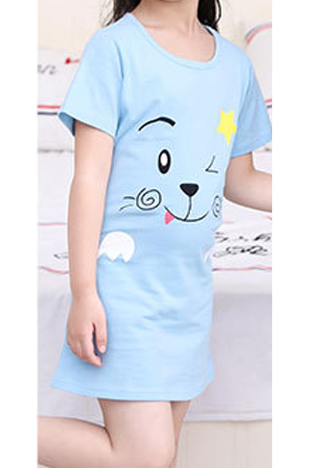 Kids Girls Printed Pattern Easy Round Neck Stretchy Sleepwear