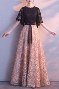 Women Lace Decorated Short Sleeve Tie Waist Elegant Wedding Dress