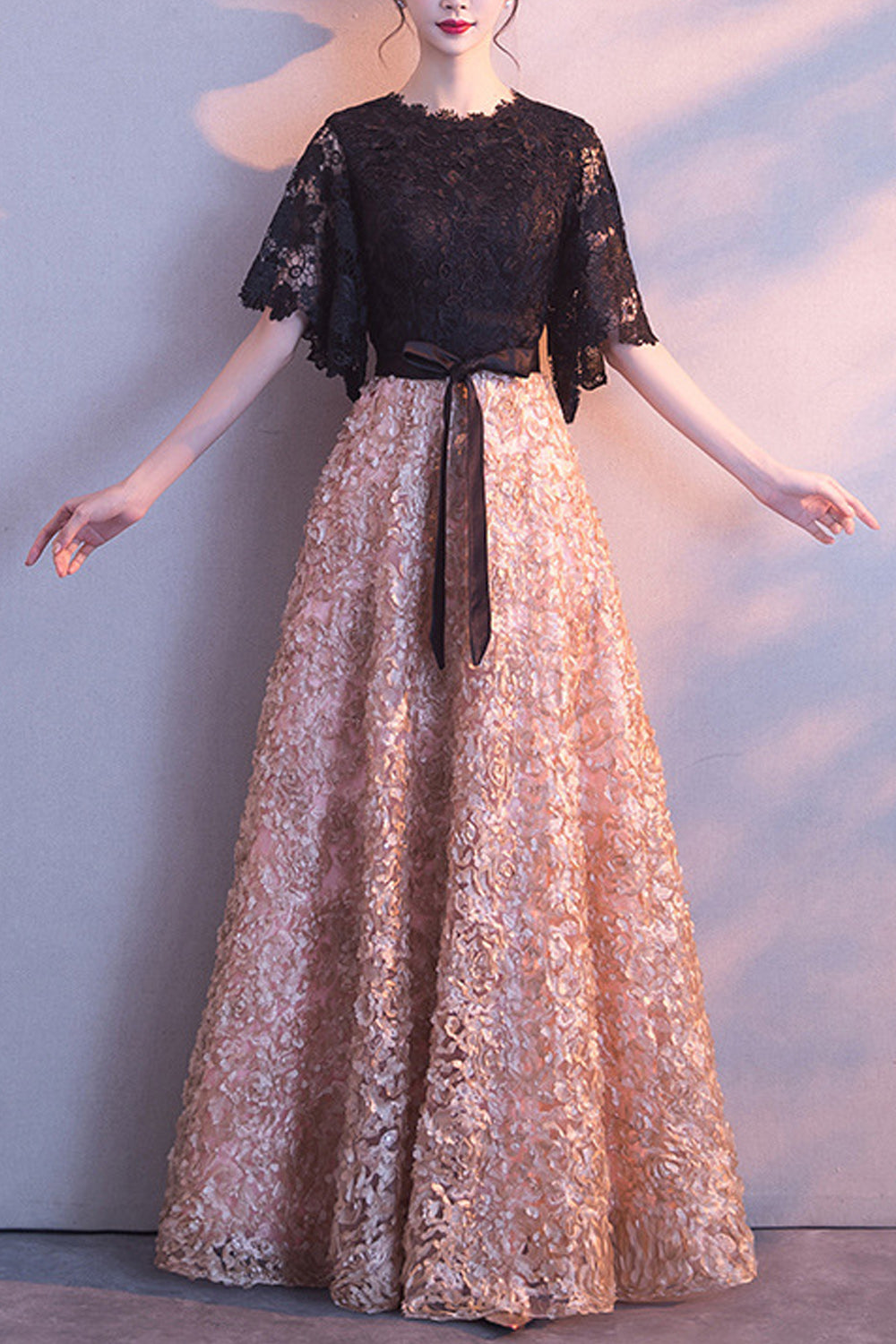 Women Lace Decorated Short Sleeve Tie Waist Elegant Wedding Dress