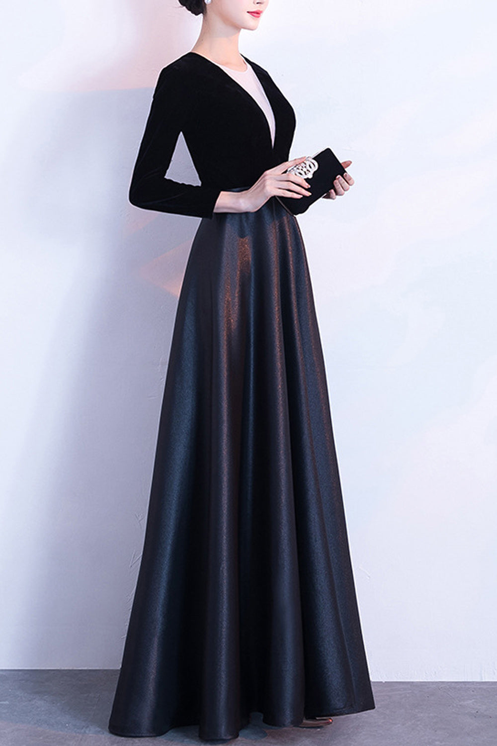 Women Long Sleeve Elegant Solid Colored Deep V-Neck Evening Dress