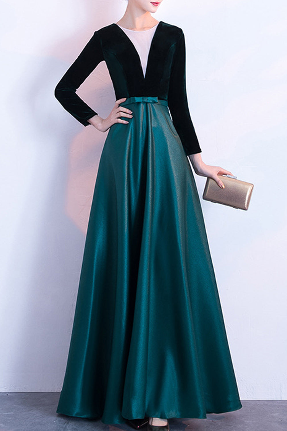Women Long Sleeve Elegant Solid Colored Deep V-Neck Evening Dress