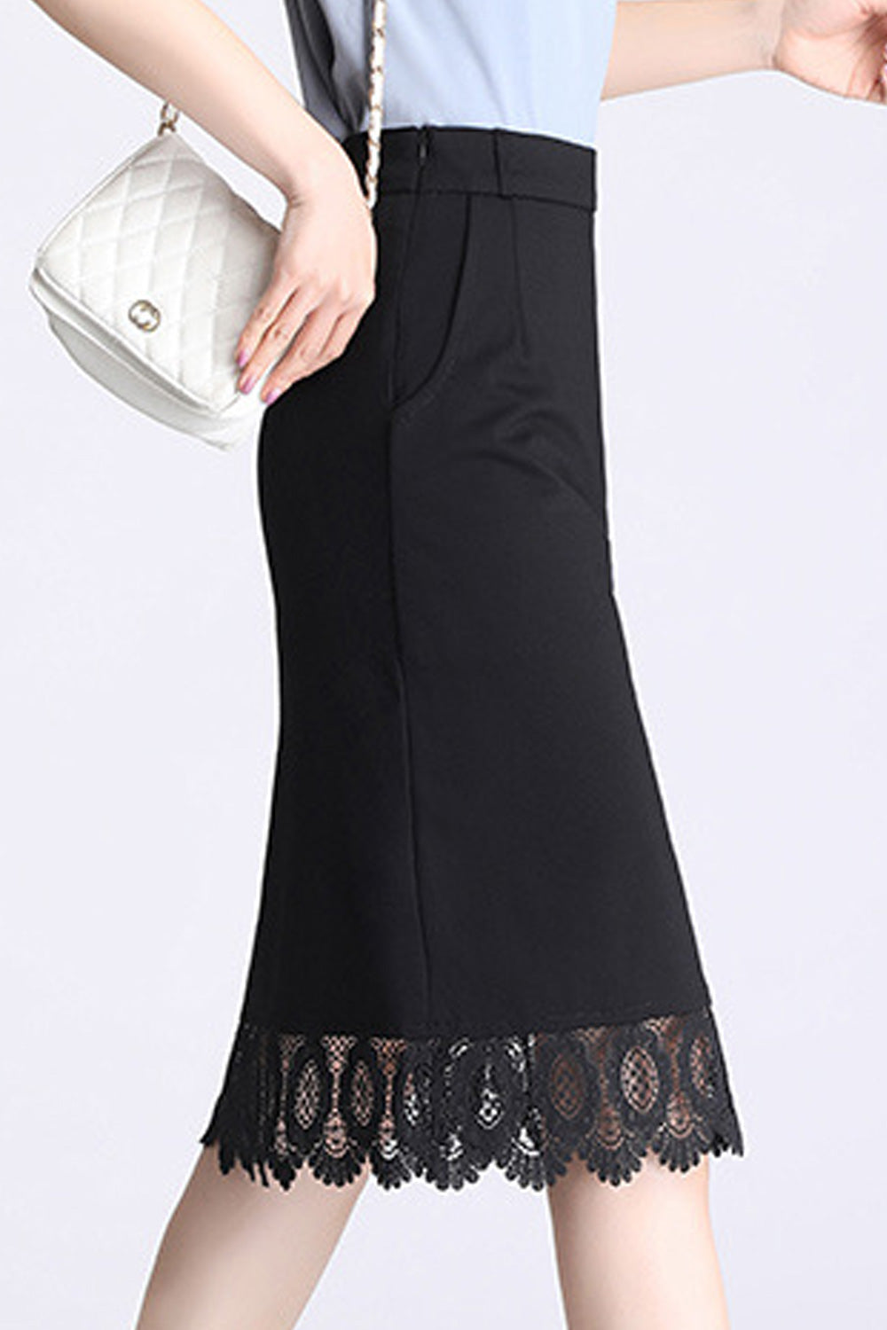 Women Mid Length Lace Hem Beautiful High Waist Trendy Skirt