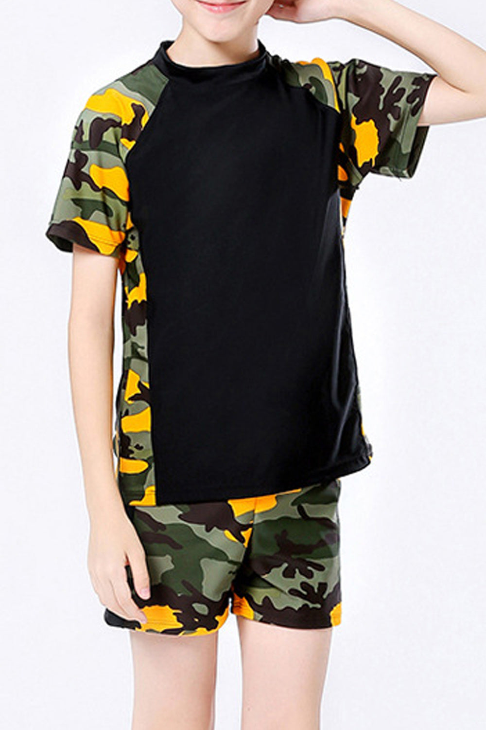Kids Boys Two Piece Short Sleeve Camouflage Pattern Elastic Waist Swimwear Set