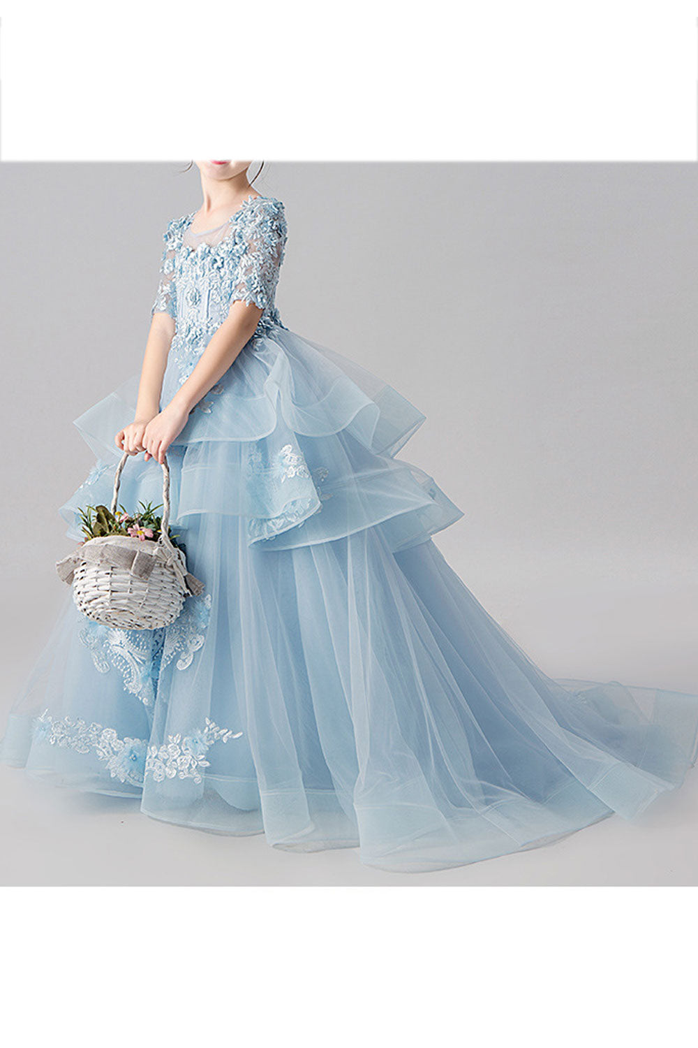 Kids Girls Trendy Short Sleeve Flower Decorated Princess Long Length Dress