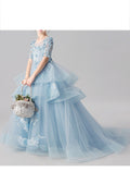 Kids Girls Trendy Short Sleeve Flower Decorated Princess Long Length Dress