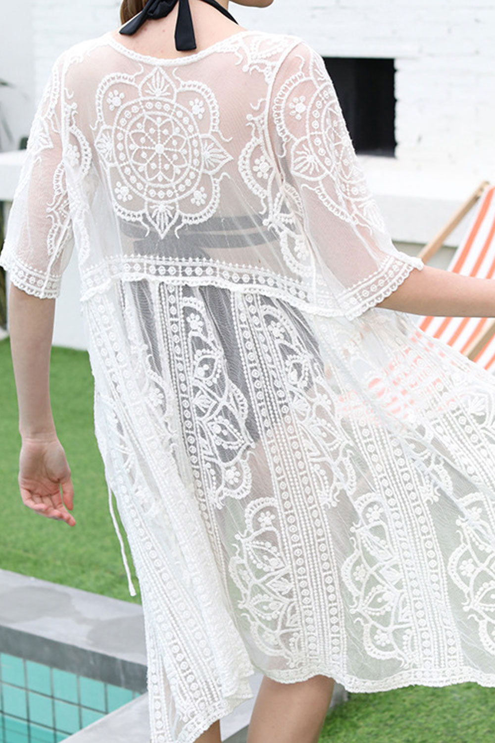 Women Mid Length Net Gauze Lace Mesh Short Sleeve Cover-Up