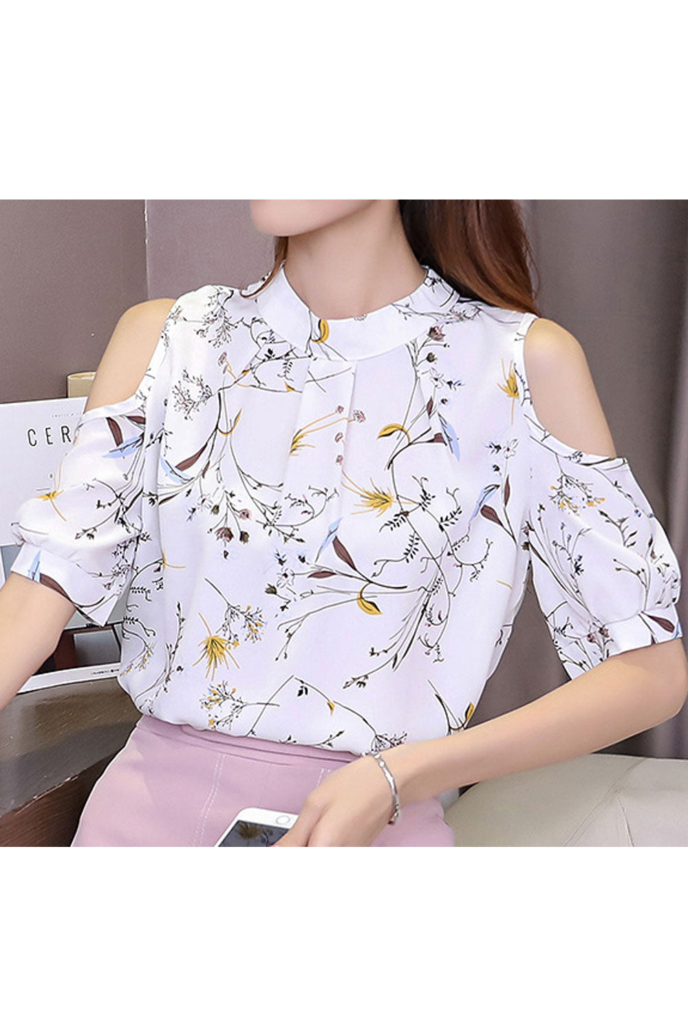 Women Fashion Stand Collar Printed Fashionable Shirt