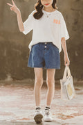 Kids Girls Elasticated Waistband Solid Colored Loose Breathable Denim Shorts