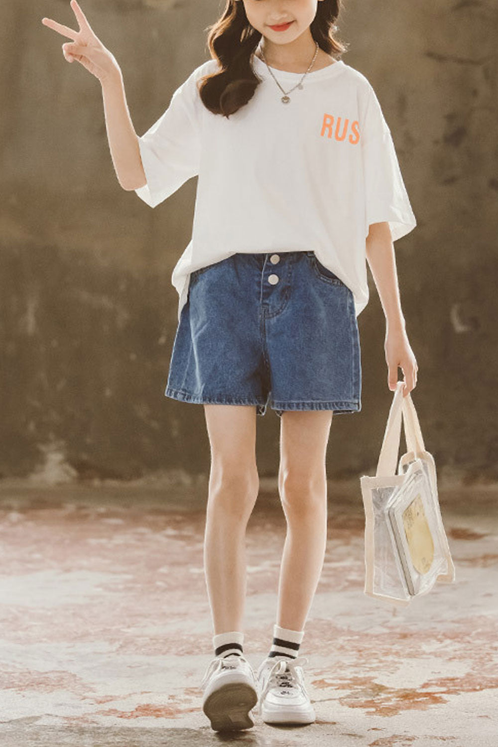 Kids Girls Elasticated Waistband Solid Colored Loose Breathable Denim Shorts