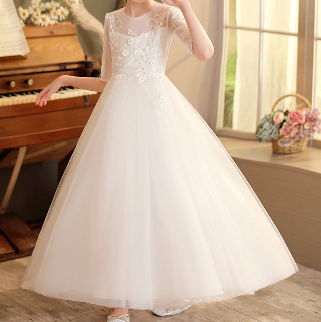 Elegant Slim-Fit Mid-Sleeve White Tulle Wedding Dress for Girls - RAC25ZB284GDRESS