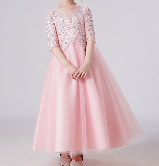 Elegant Slim-Fit Mid-Sleeve White Tulle Wedding Dress for Girls - RAC25ZB284GDRESS