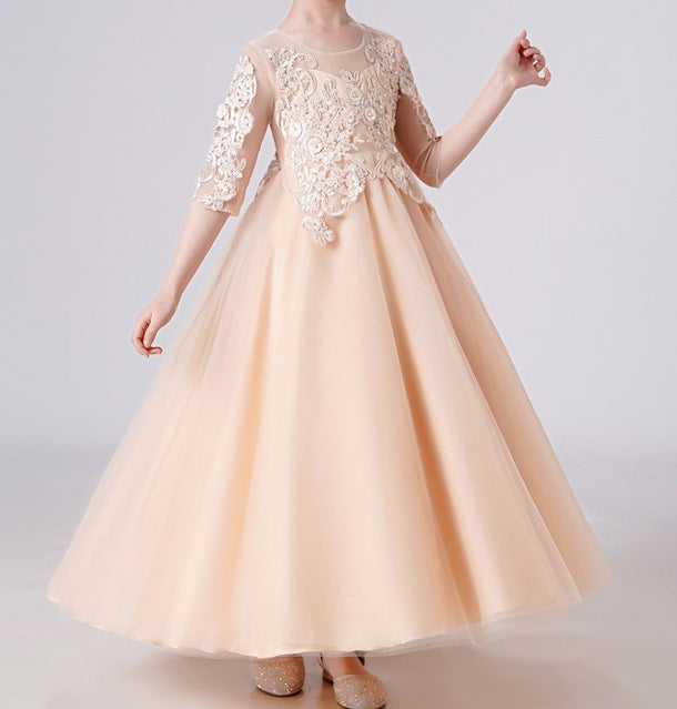 Elegant Slim-Fit Mid-Sleeve White Tulle Wedding Dress for Girls - RAC25ZB284GDRESS