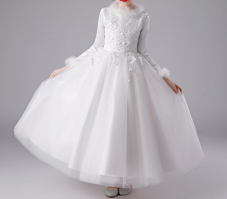 Girls' Autumn & Winter Flower Girl Wedding Dress with Thick Fur Collar - RAC25ZB279GDRESS