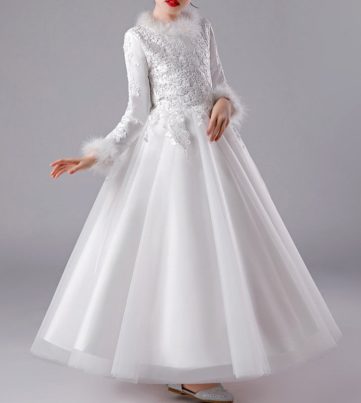 Girls' Autumn & Winter Flower Girl Wedding Dress with Thick Fur Collar - RAC25ZB279GDRESS
