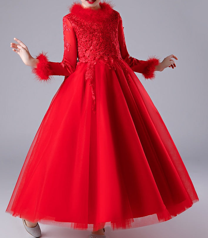 Girls' Autumn & Winter Flower Girl Wedding Dress with Thick Fur Collar - RAC25ZB279GDRESS