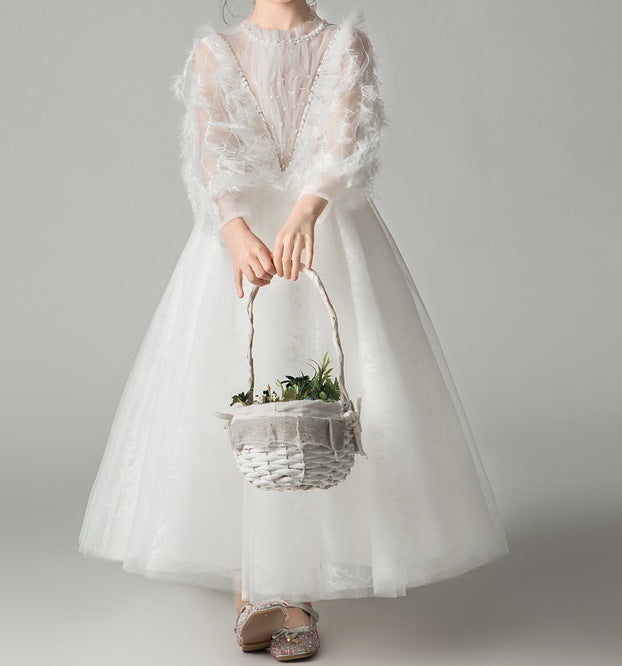 White Fluffy Long-Sleeved Princess Dress for Girls – Flower Girl Wedding Gown - RAC25ZB277GDRESS