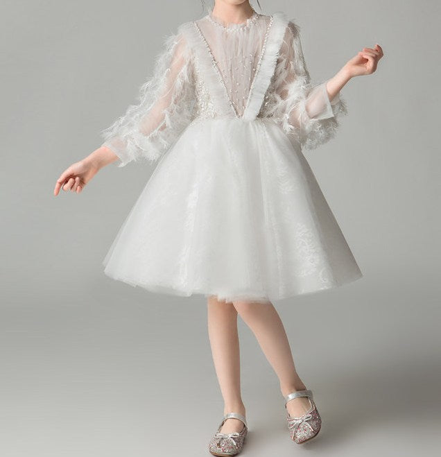 White Fluffy Long-Sleeved Princess Dress for Girls – Flower Girl Wedding Gown - RAC25ZB277GDRESS