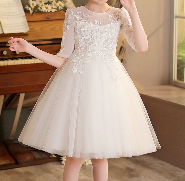 Girls' White Princess Dress – Mid Sleeve Puffy Mesh Wedding Dress - RAC25ZB265GDRESS