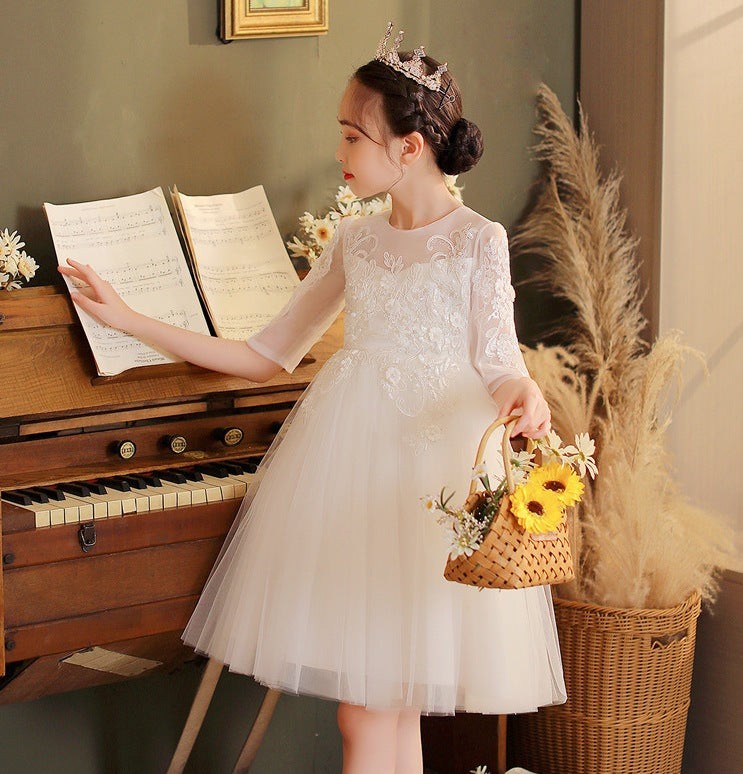 Girls' White Princess Dress – Mid Sleeve Puffy Mesh Wedding Dress - RAC25ZB265GDRESS