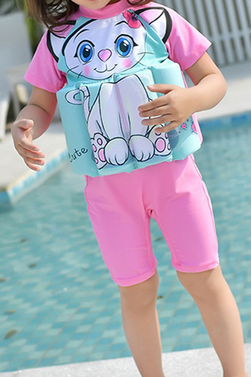 Toddler Girls Cute Cat Printed Short Sleeve Soft Breathable Beach Swimsuit