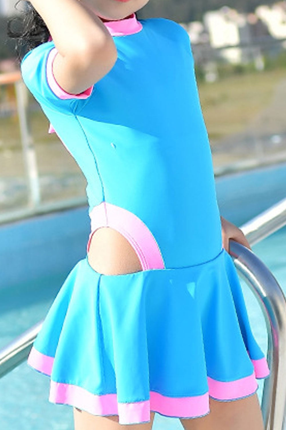 Toddler Girls Solid Pattern Beautiful Skirt Style Short Sleeve Swimsuit