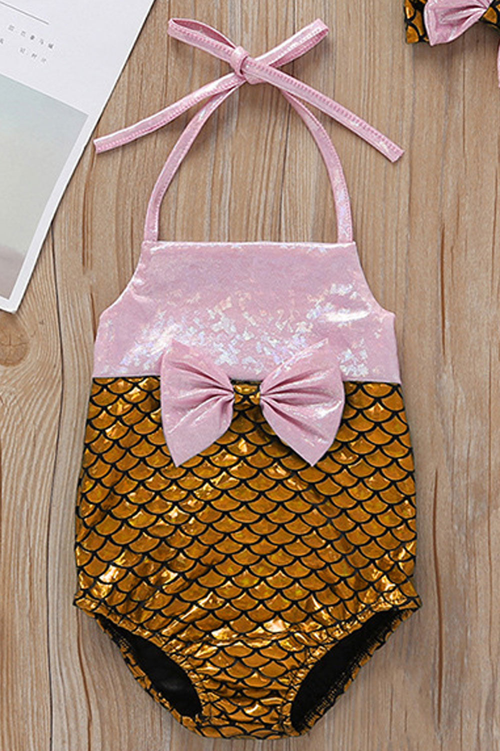 Toddler Girls Bow Attached One Piece Strap Neck Convenient Soft Swimsuit