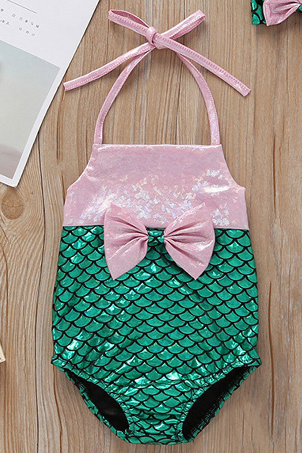 Toddler Girls Bow Attached One Piece Strap Neck Convenient Soft Swimsuit