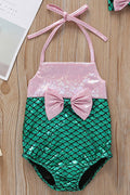Toddler Girls Bow Attached One Piece Strap Neck Convenient Soft Swimsuit