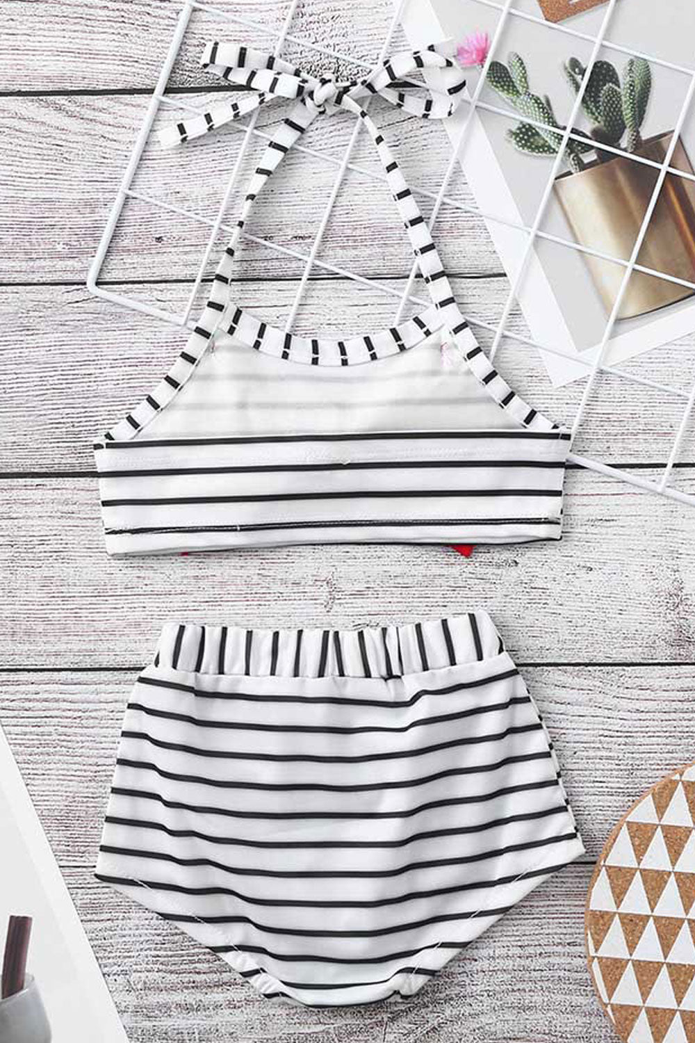 Toddler Girls Strap Neck Striped Pattern Bow Attached Cute Swimsuit