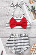 Toddler Girls Strap Neck Striped Pattern Bow Attached Cute Swimsuit